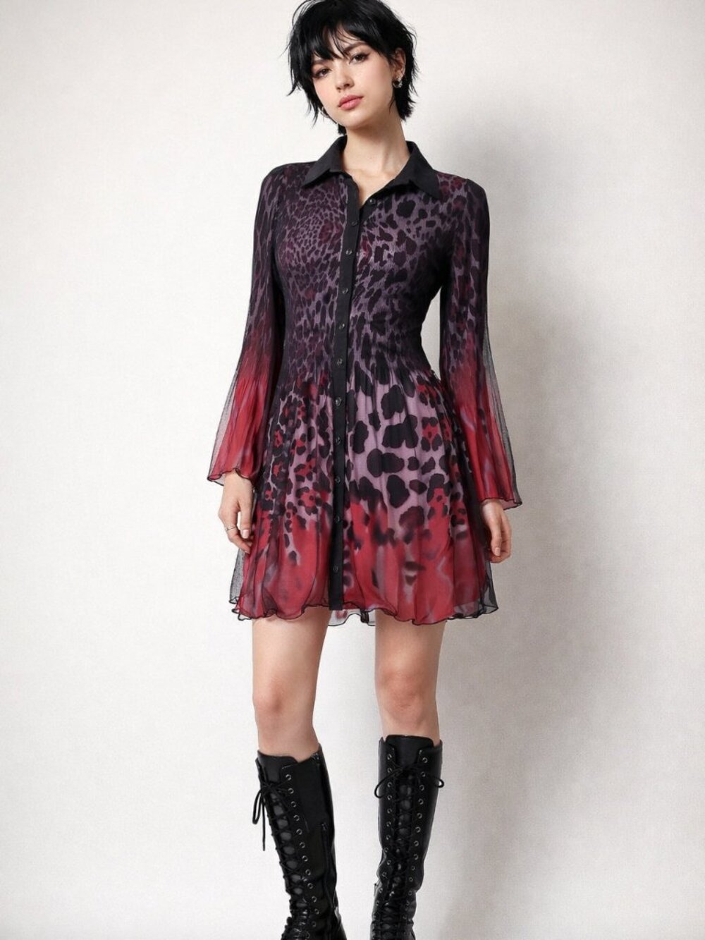 Leopard Print Sheer Mesh Overlay Front Button Dress Firey Red Tipped Sleeves